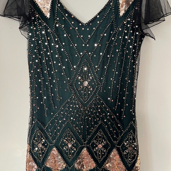 Masquerade Green and Gold Ballroom Costume Gown - Picture 5 of 5